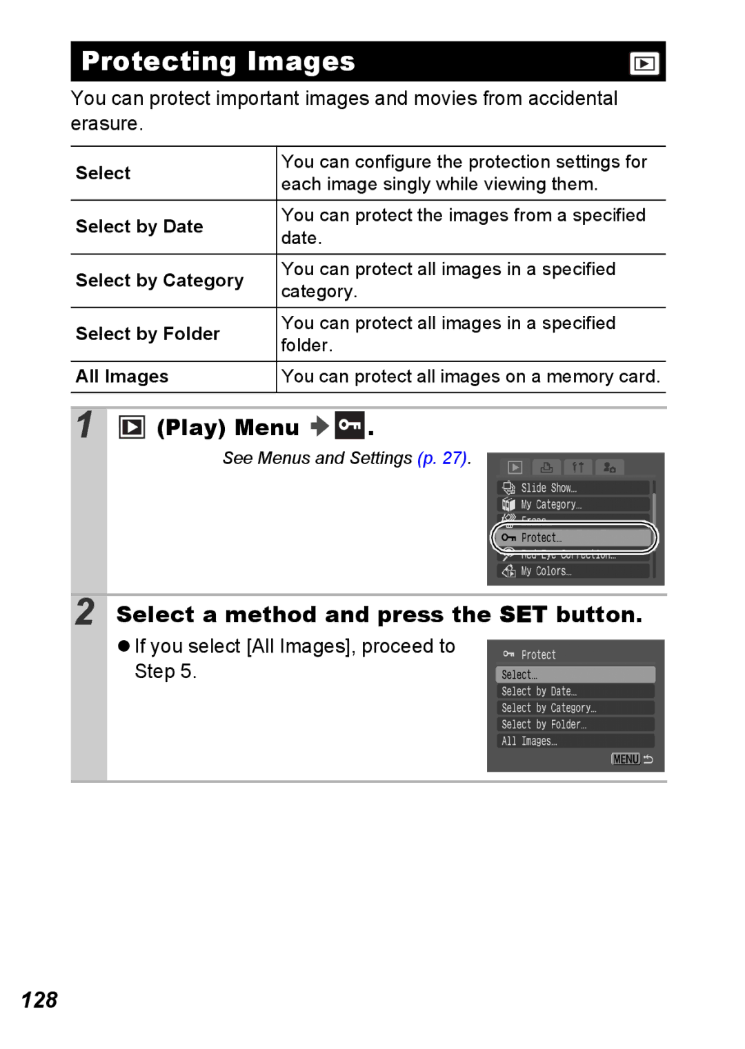 Canon S5 IS Protecting Images, Select a method and press the SET button, 128, If you select All Images, proceed to Step 