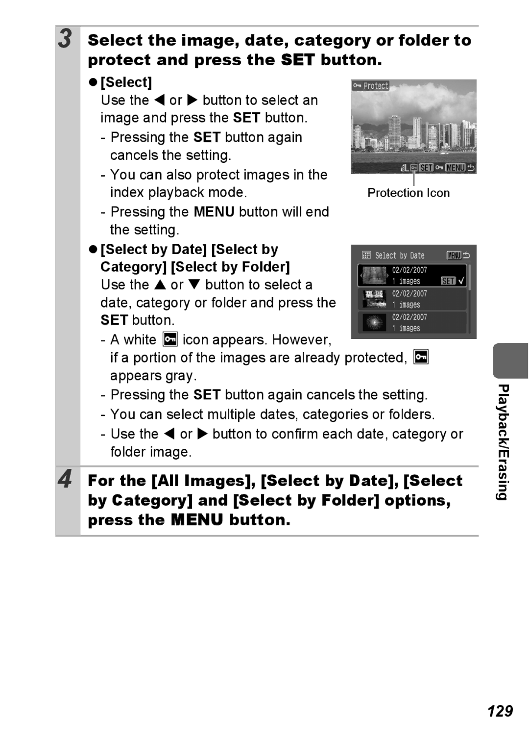 Canon S5 IS appendix 129, Select, Pressing the Menu button will end the setting 