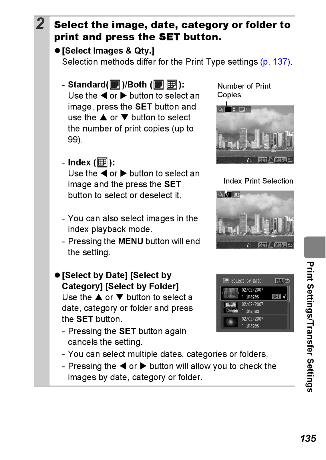 Canon S5 IS appendix 135, Select Images & Qty, Selection methods differ for the Print Type settings p, Settings 