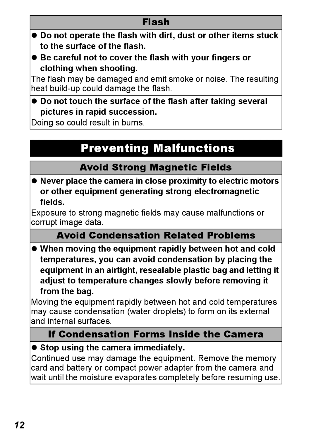 Canon S5 IS appendix Preventing Malfunctions, Flash, Avoid Strong Magnetic Fields, Avoid Condensation Related Problems 