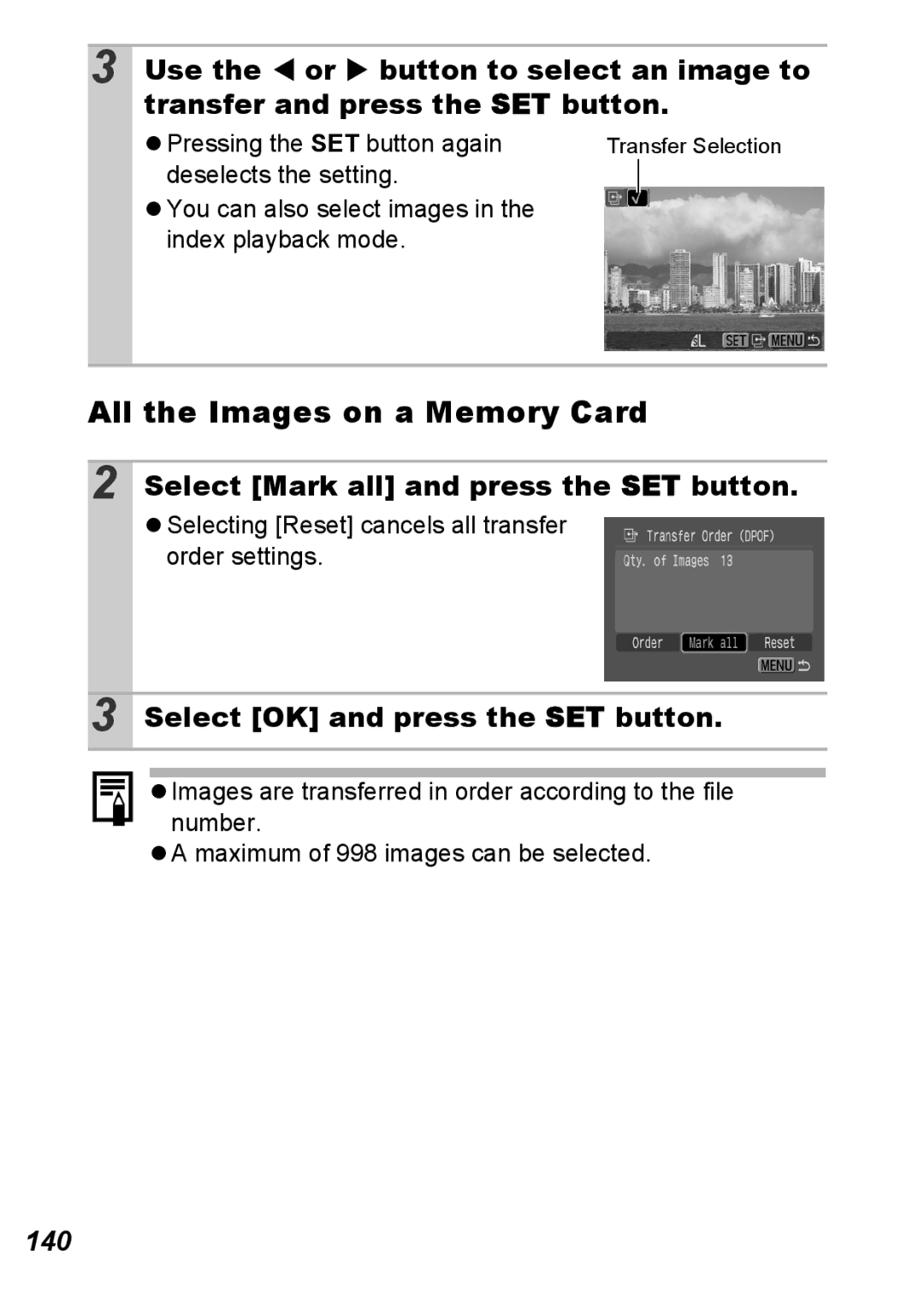 Canon S5 IS appendix All the Images on a Memory Card, Select Mark all and press the SET button, 140 