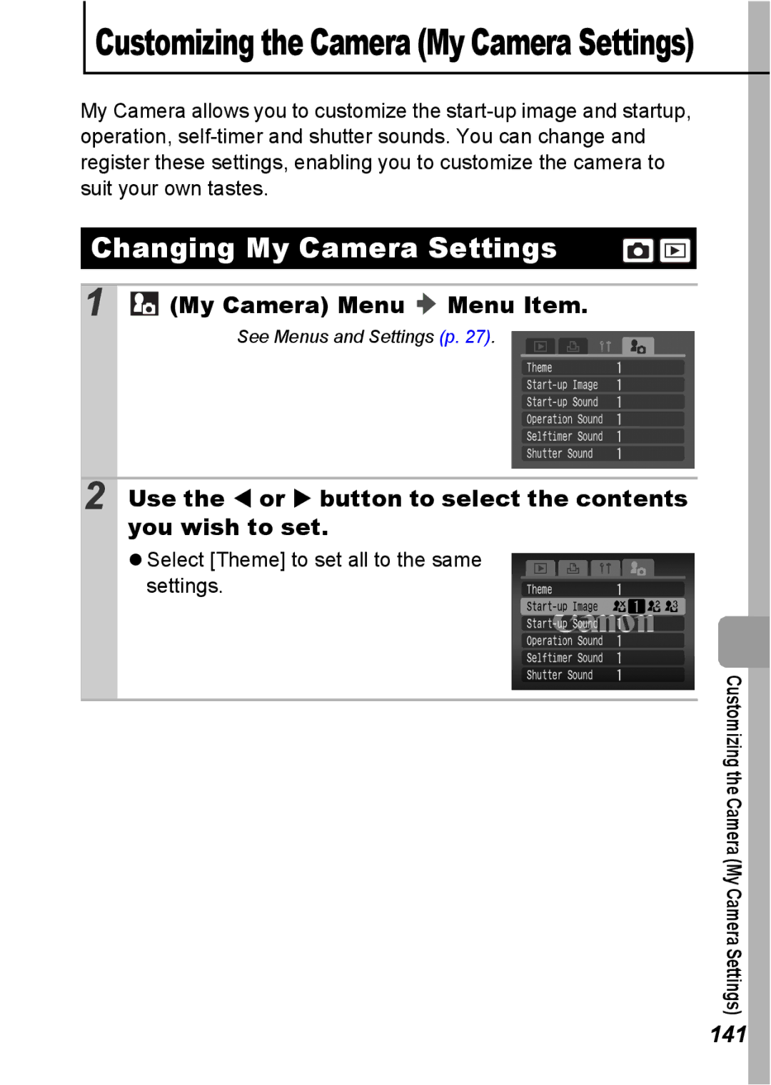 Canon S5 IS appendix Changing My Camera Settings, Customizing the Camera My Camera Settings, My Camera Menu Menu Item, 141 