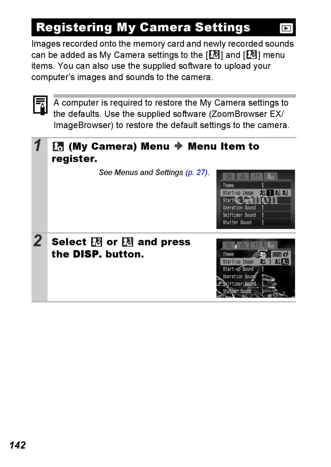 Canon S5 IS Registering My Camera Settings, My Camera Menu Menu Item to register, Select or and press the DISP. button 