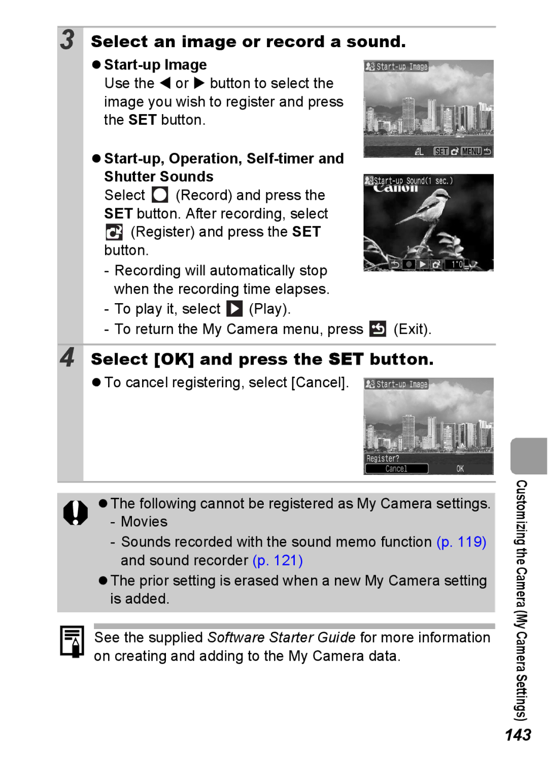 Canon S5 IS Select an image or record a sound, 143, Start-up Image, Start-up, Operation, Self-timer and Shutter Sounds 