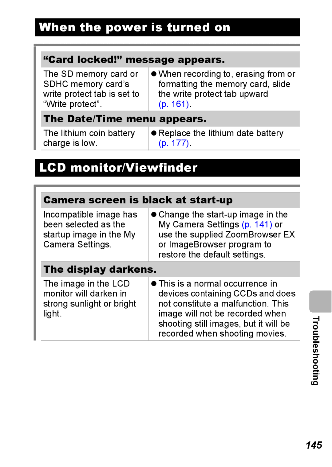 Canon S5 IS appendix When the power is turned on, LCD monitor/Viewfinder, 145 