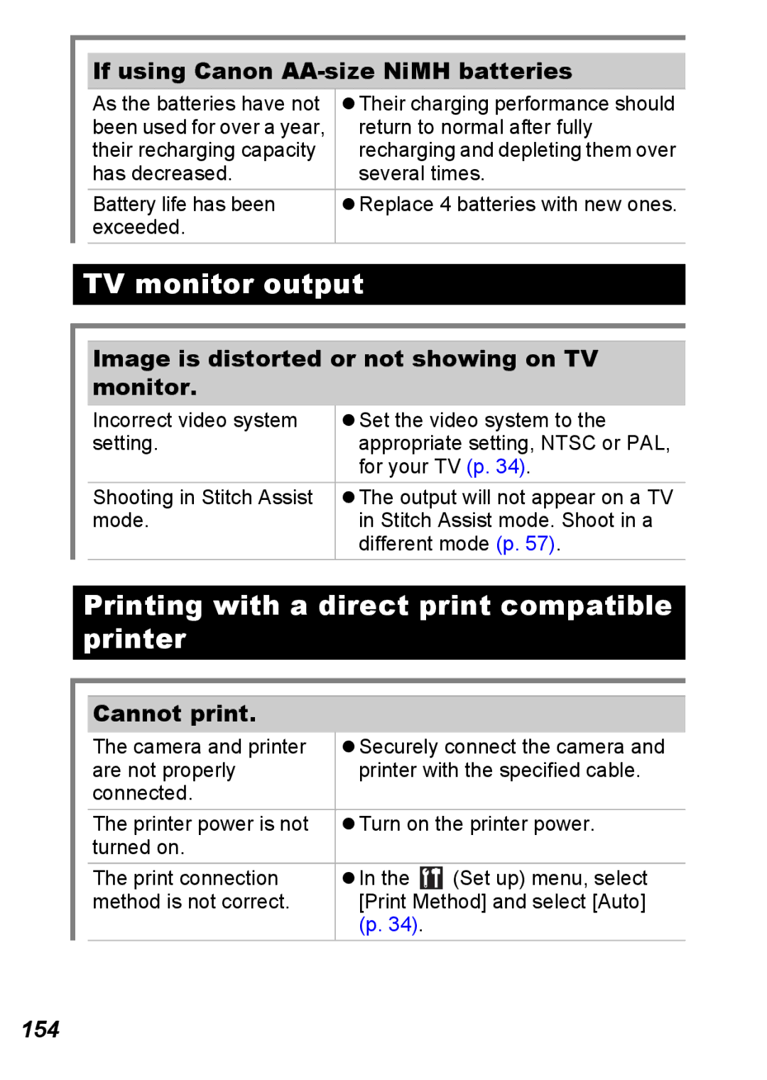 Canon S5 IS appendix TV monitor output, Printing with a direct print compatible printer, 154 