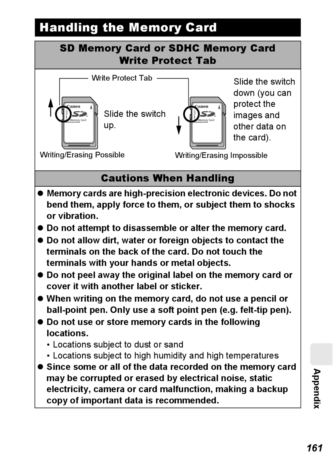 Canon S5 IS appendix Handling the Memory Card, SD Memory Card or Sdhc Memory Card Write Protect Tab, 161 