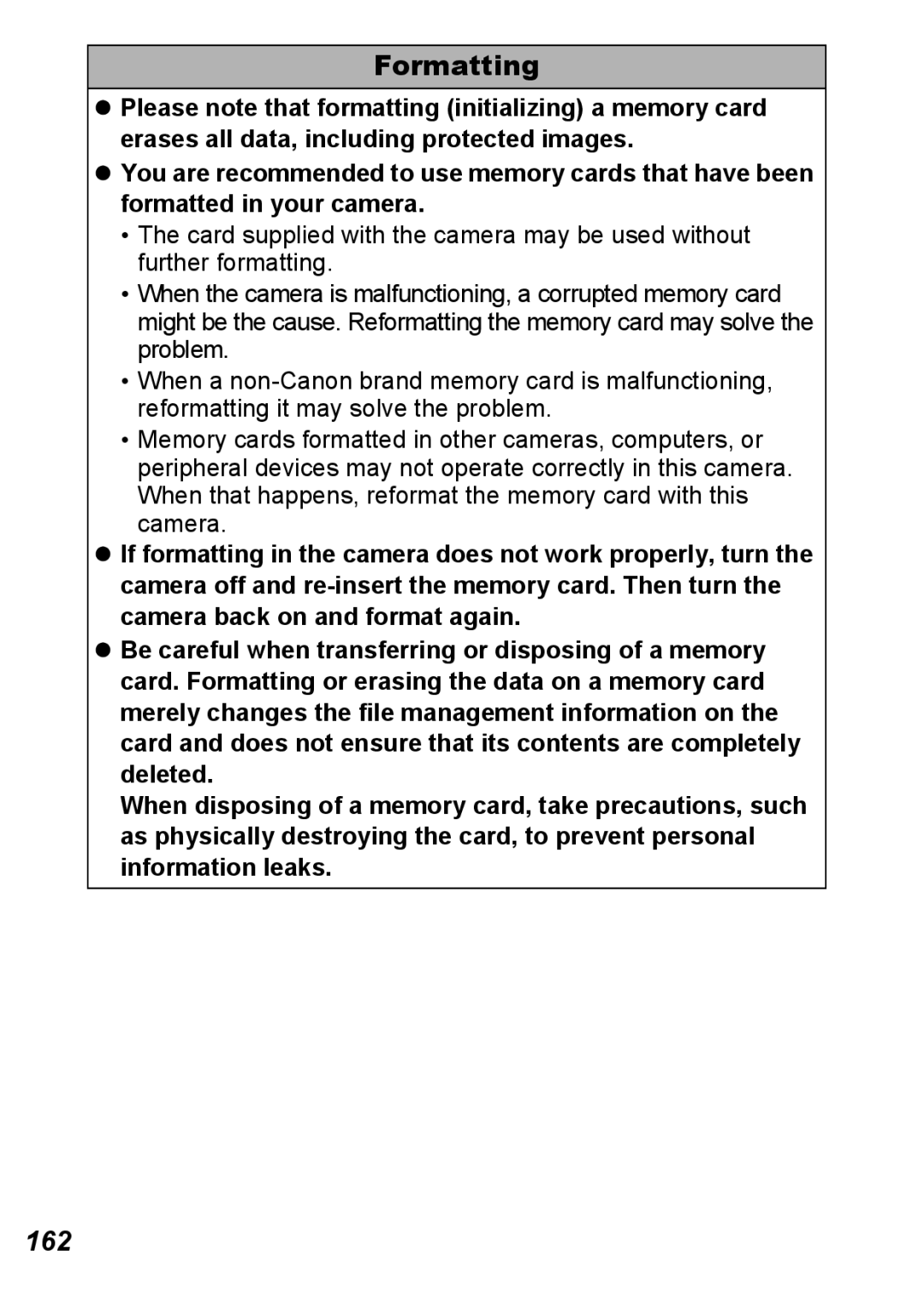 Canon S5 IS appendix Formatting, 162 