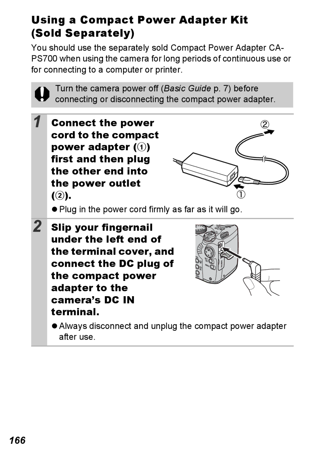 Canon S5 IS Using a Compact Power Adapter Kit Sold Separately, 166, Plug in the power cord firmly as far as it will go 