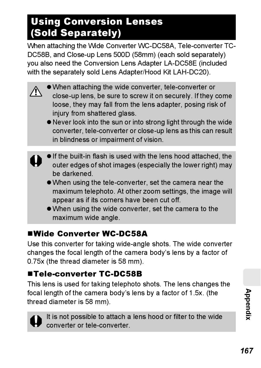 Canon S5 IS appendix Using Conversion Lenses Sold Separately, „Wide Converter WC-DC58A, „Tele-converter TC-DC58B, 167 