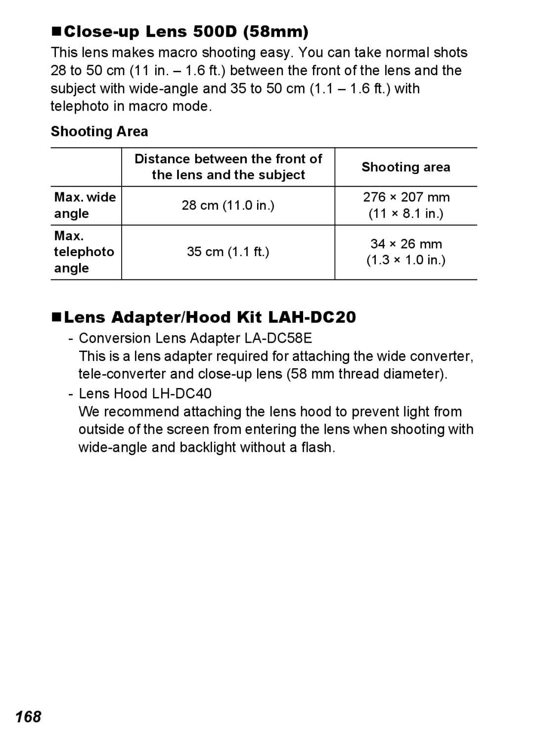 Canon S5 IS appendix „Close-up Lens 500D 58mm, „Lens Adapter/Hood Kit LAH-DC20, 168, Shooting Area 