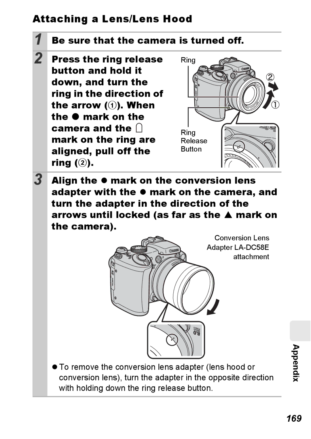 Canon S5 IS appendix Attaching a Lens/Lens Hood, 169 