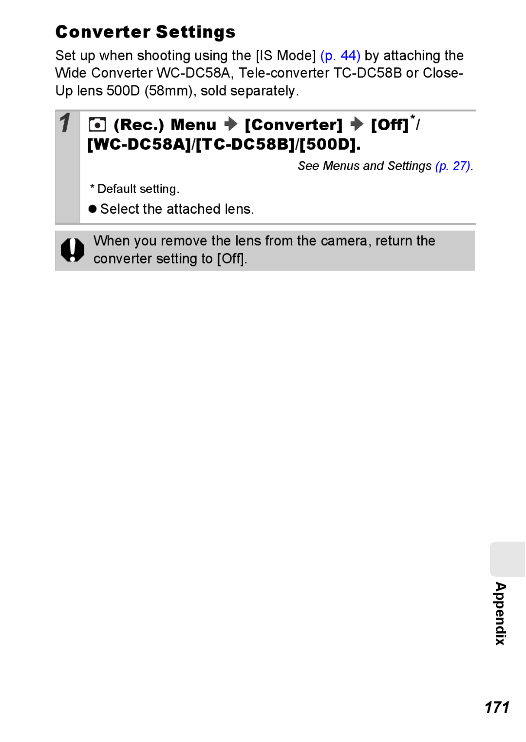 Canon S5 IS appendix Converter Settings, Rec. Menu Converter Off*/ WC-DC58A/TC-DC58B/500D, 171 