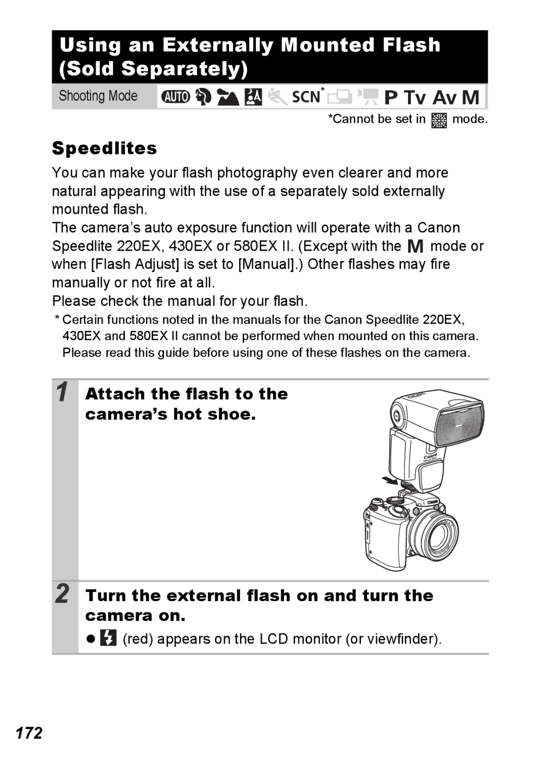 Canon S5 IS appendix Using an Externally Mounted Flash Sold Separately, Speedlites, 172 