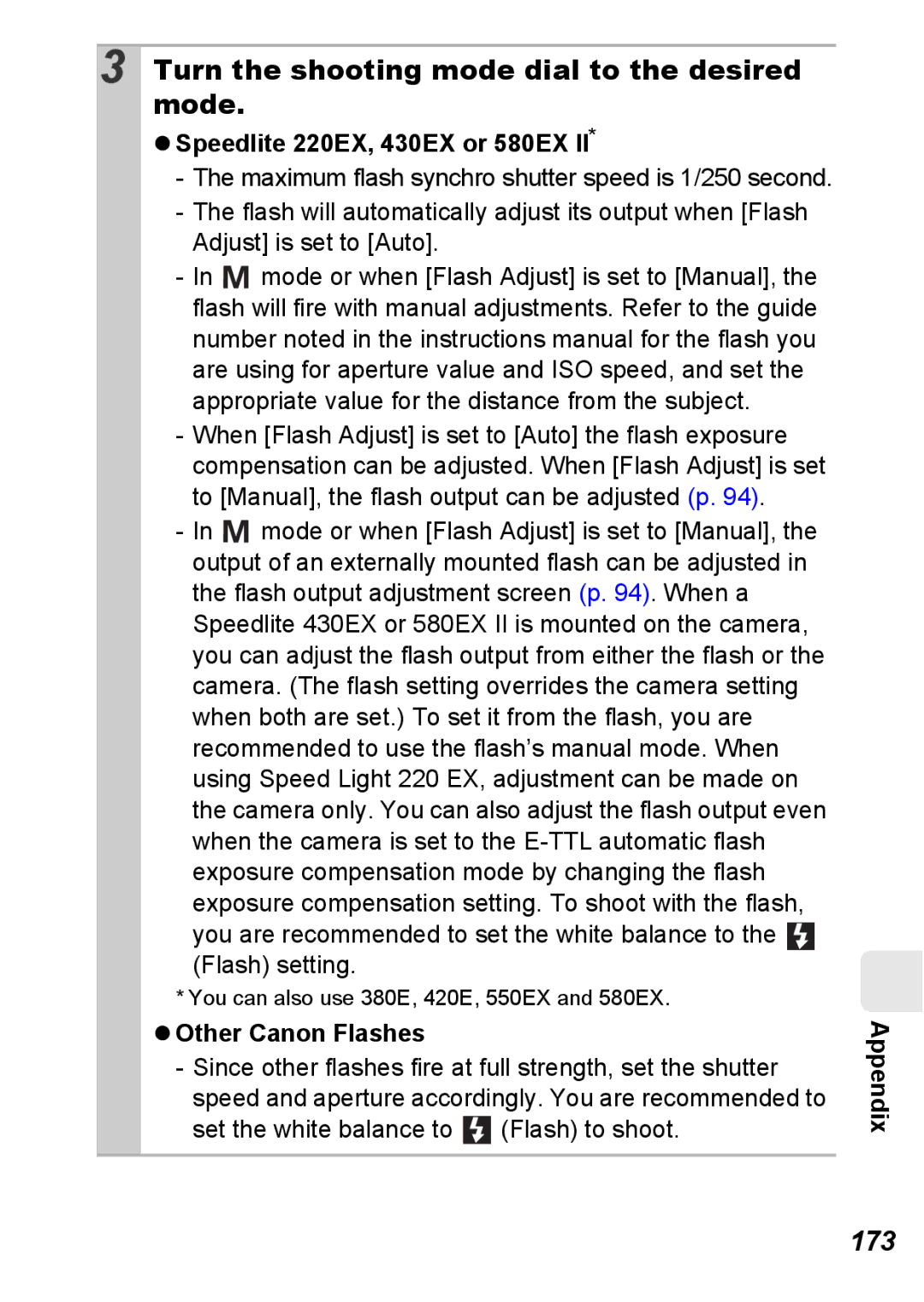 Canon S5 IS appendix Turn the shooting mode dial to the desired mode, 173, Speedlite 220EX, 430EX or 580EX 