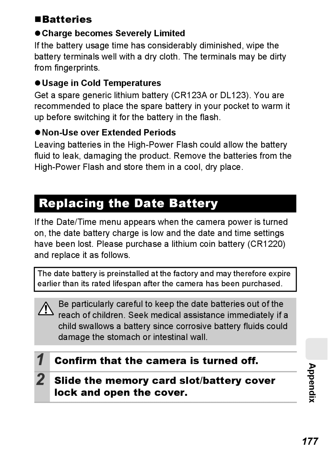 Canon S5 IS appendix Replacing the Date Battery, „Batteries, 177 