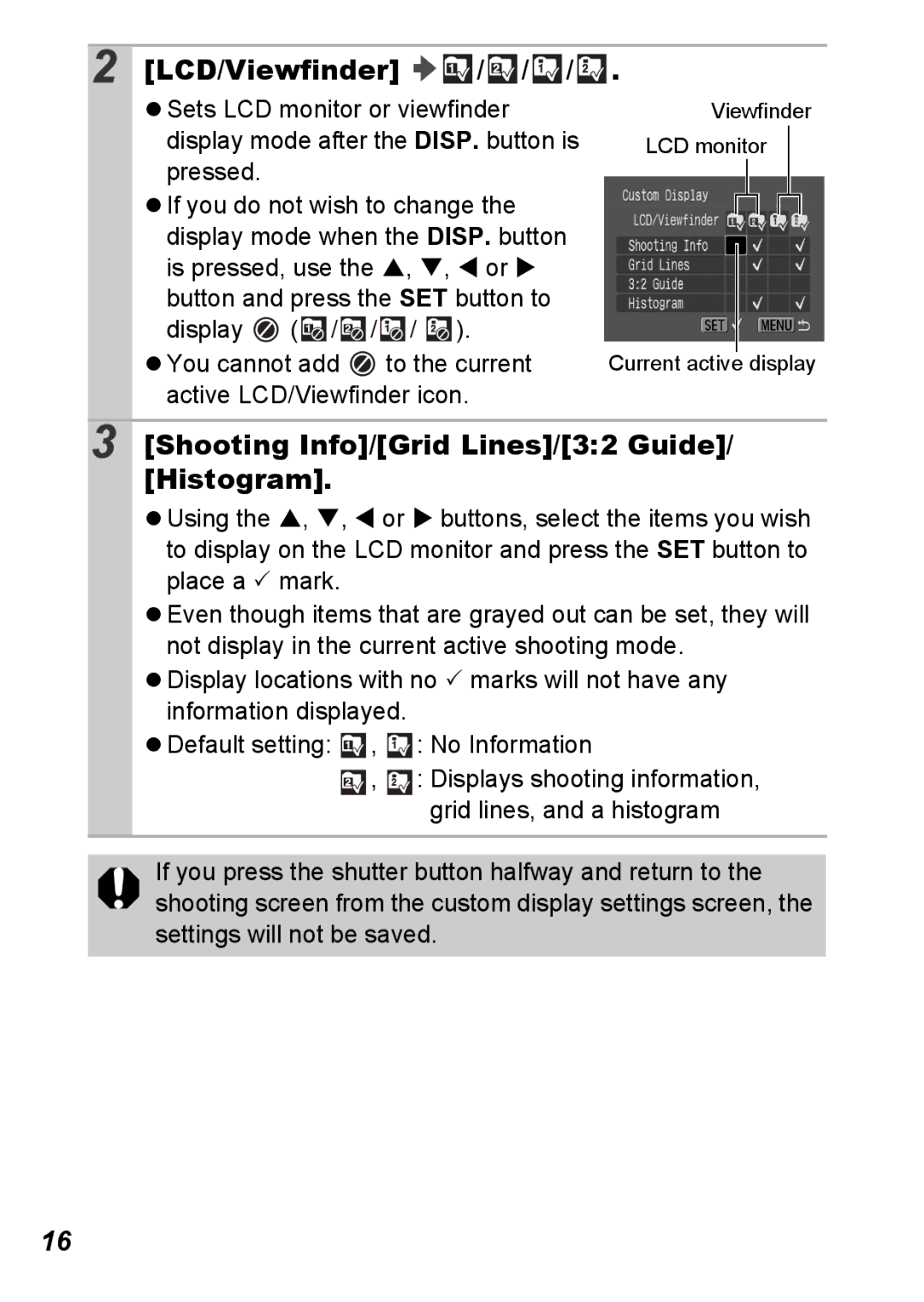 Canon S5 IS appendix LCD/Viewfinder, Shooting Info/Grid Lines/32 Guide/ Histogram 