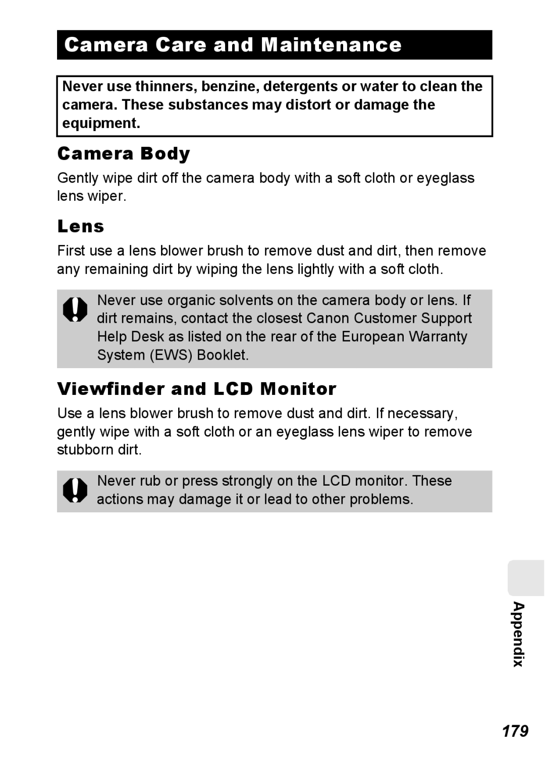 Canon S5 IS appendix Camera Care and Maintenance, Camera Body, Lens, Viewfinder and LCD Monitor, 179 