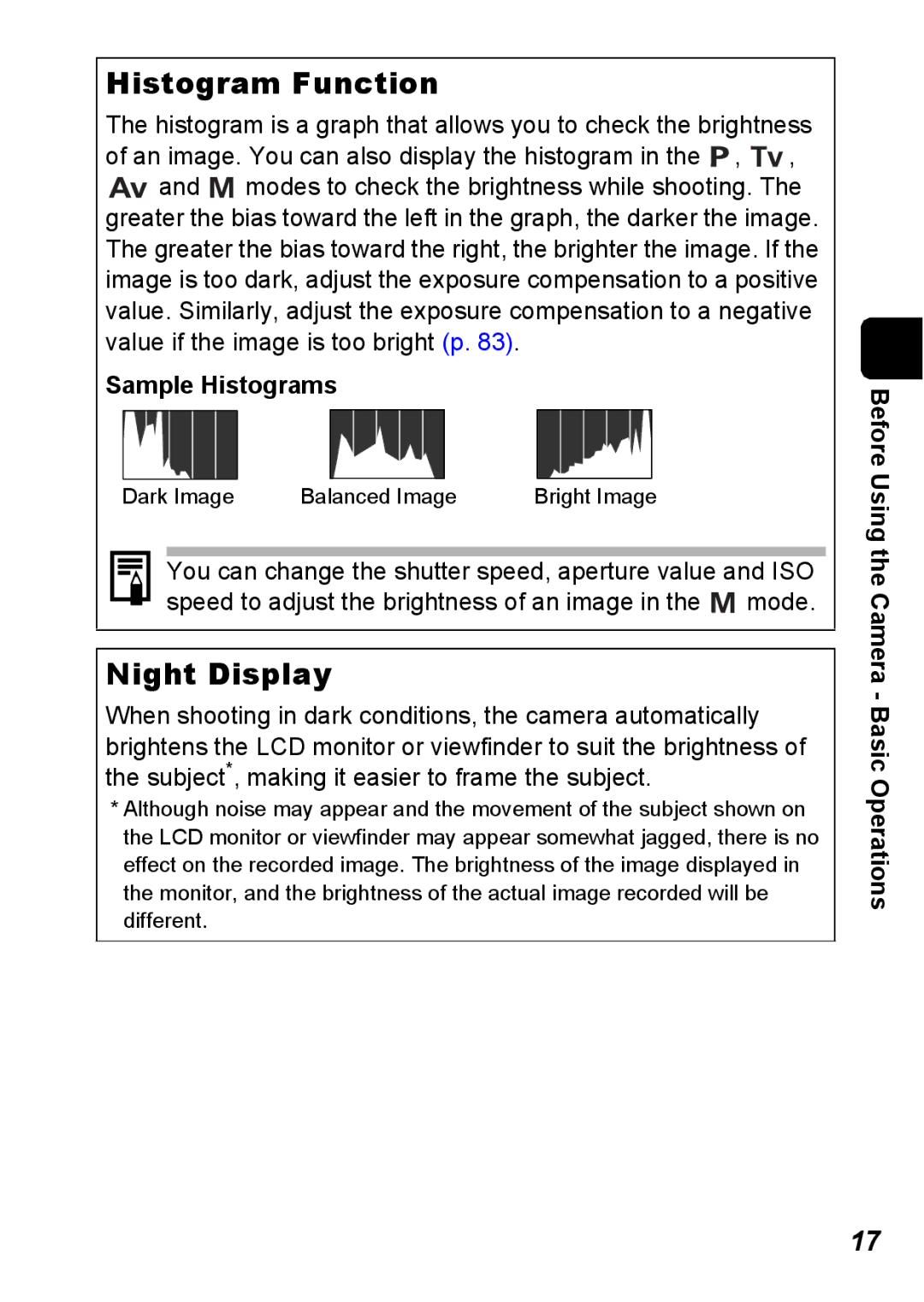 Canon S5 IS appendix Histogram Function, Night Display, Sample Histograms 