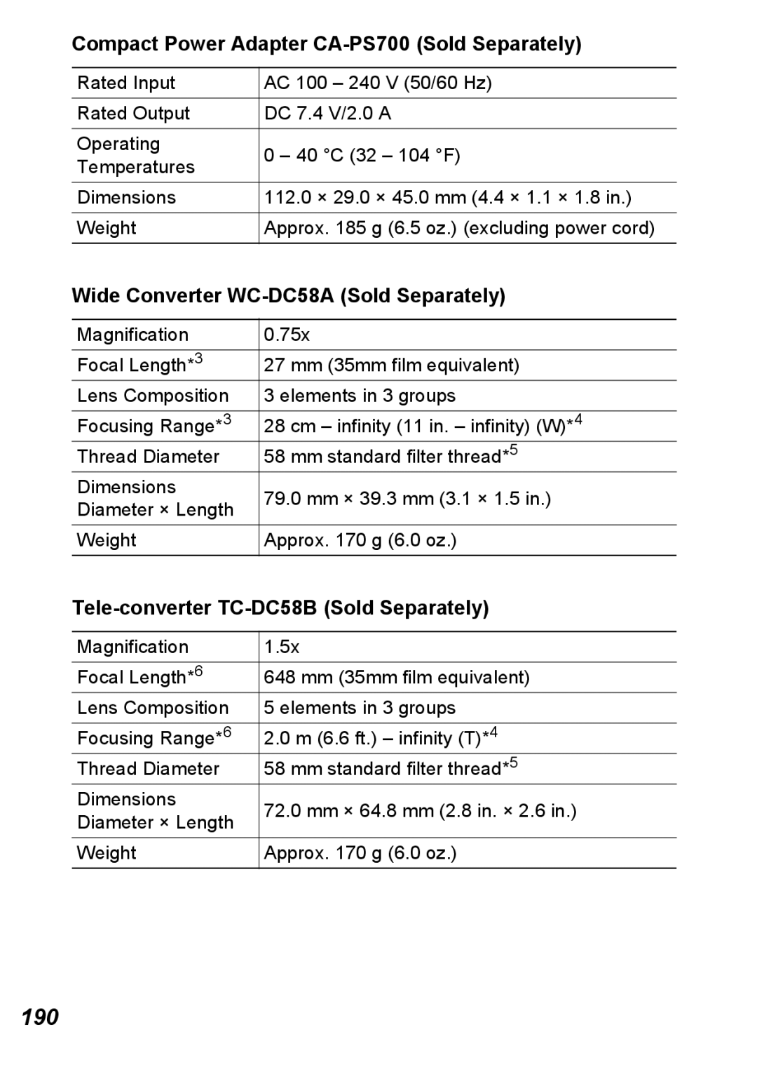 Canon S5 IS appendix 190, Compact Power Adapter CA-PS700 Sold Separately, Wide Converter WC-DC58A Sold Separately 