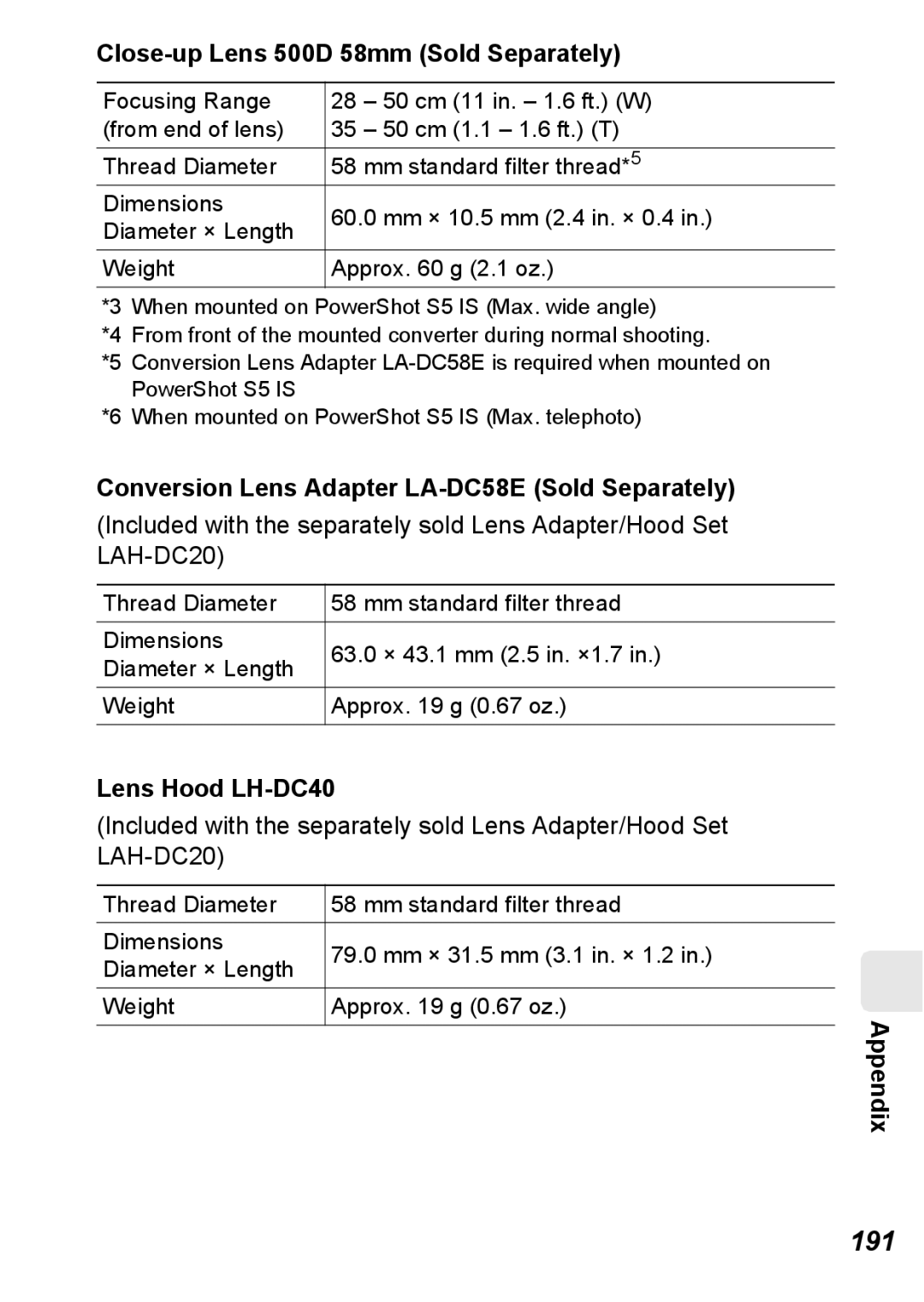 Canon S5 IS appendix 191, Close-up Lens 500D 58mm Sold Separately, Conversion Lens Adapter LA-DC58E Sold Separately 