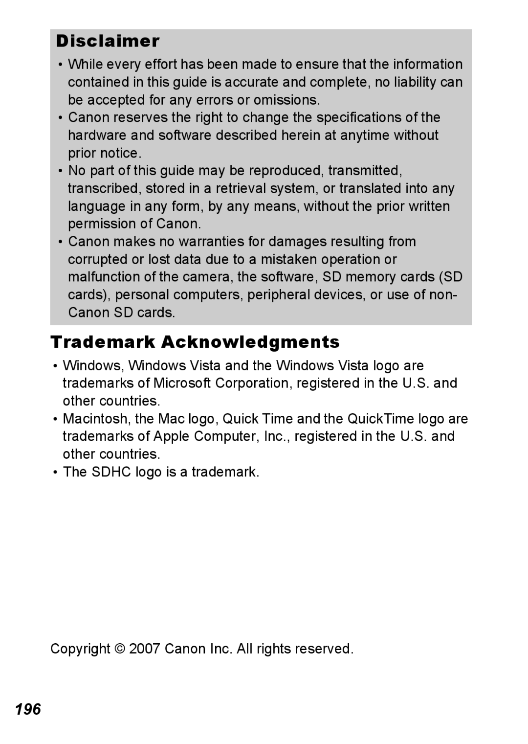 Canon S5 IS appendix Disclaimer, Trademark Acknowledgments, 196 