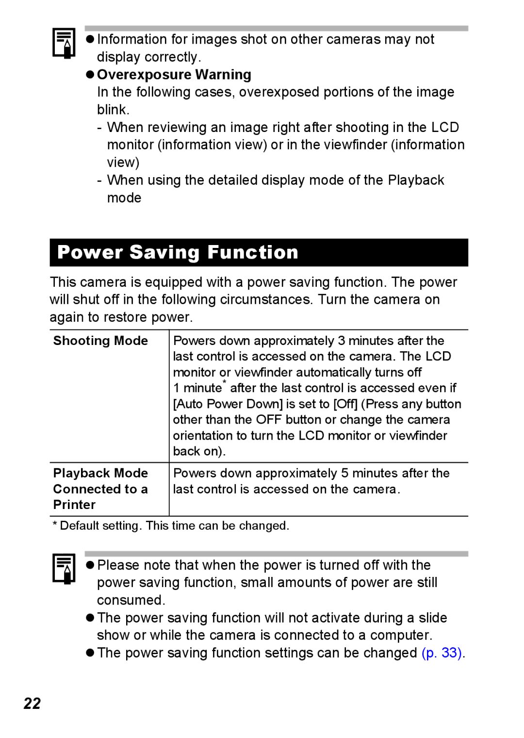 Canon S5 IS appendix Power Saving Function, Overexposure Warning, Power saving function settings can be changed p 