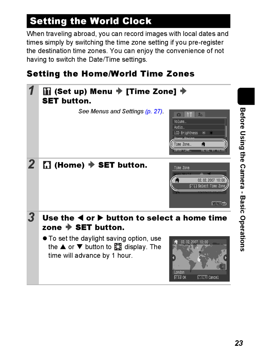 Canon S5 IS appendix Setting the World Clock, Setting the Home/World Time Zones, Set up Menu Time Zone SET button 