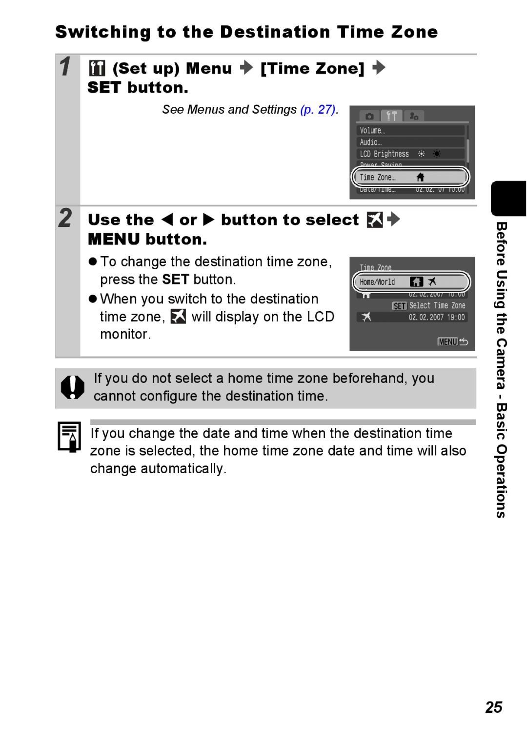 Canon S5 IS appendix Switching to the Destination Time Zone, Use the W or X button to select Menu button 