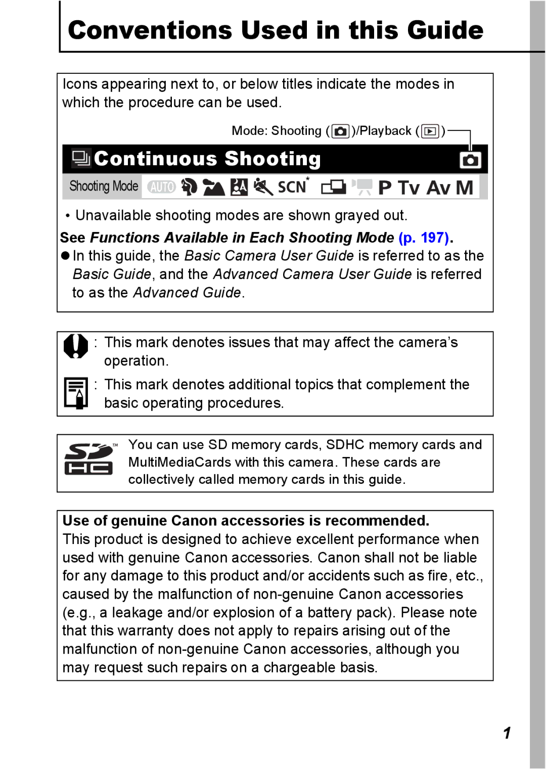 Canon S5 IS appendix Continuous Shooting, Use of genuine Canon accessories is recommended 