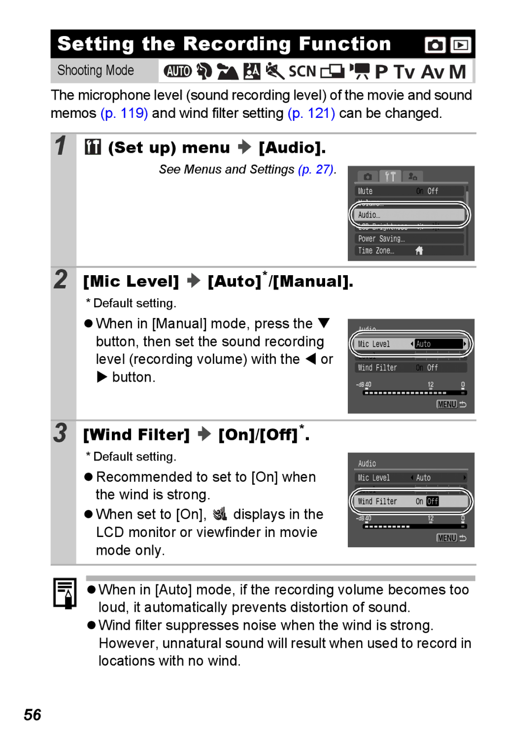 Canon S5 IS appendix Setting the Recording Function, Set up menu Audio, Mic Level Auto*/Manual, Wind Filter On/Off 