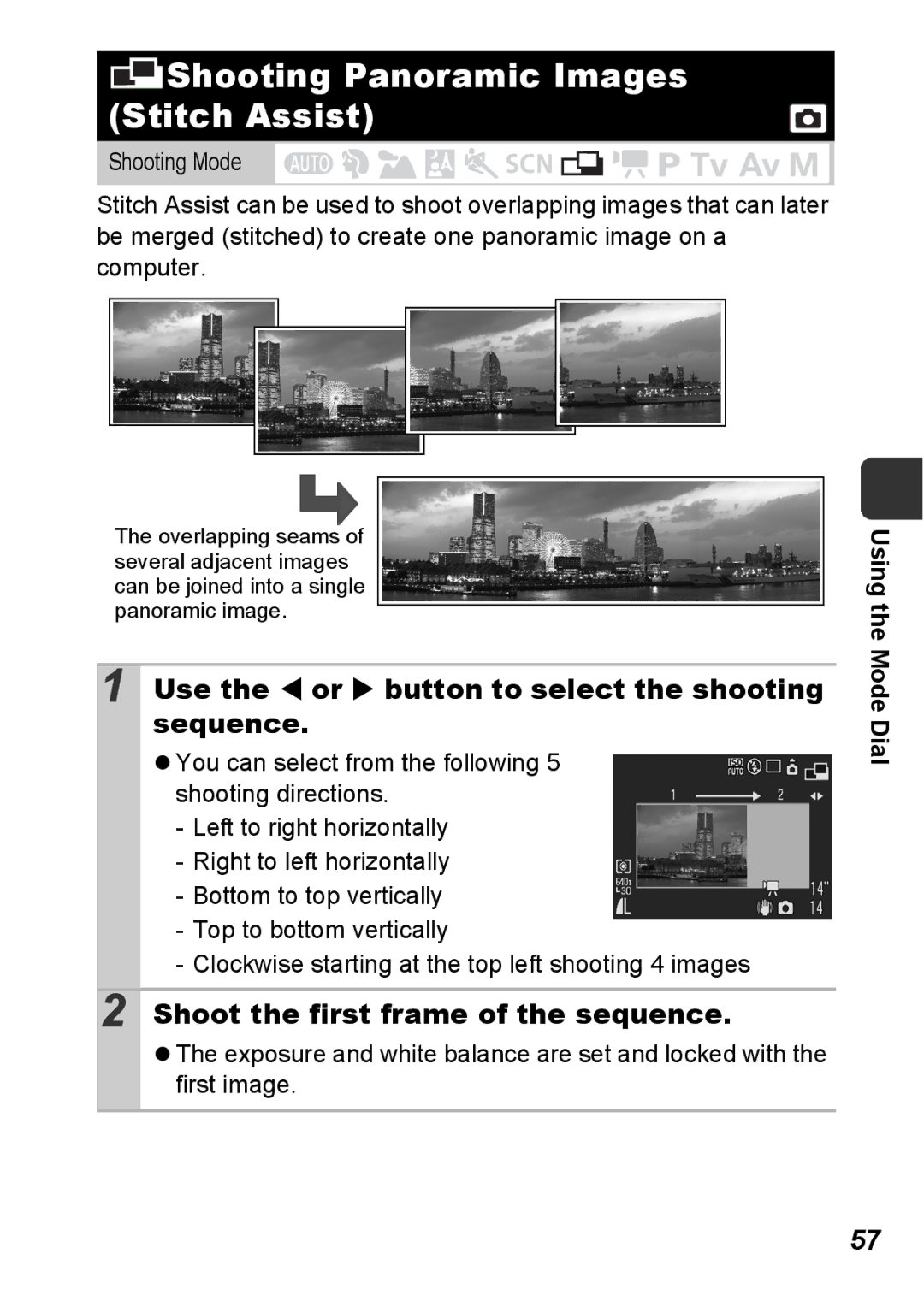 Canon S5 IS appendix Shooting Panoramic Images Stitch Assist, Use the W or X button to select the shooting sequence 