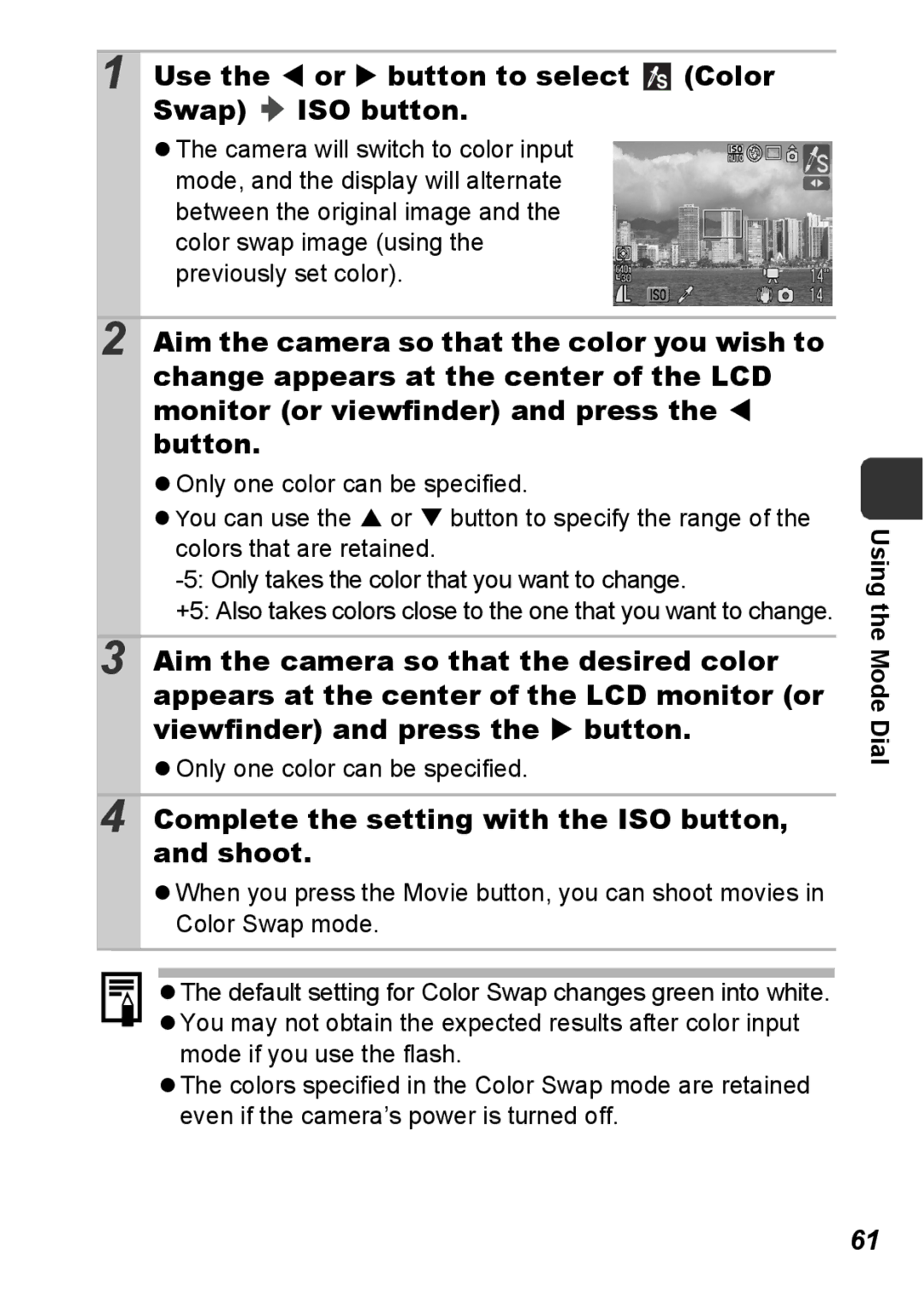 Canon S5 IS appendix Use the W or X button to select Color Swap ISO button, Only one color can be specified 