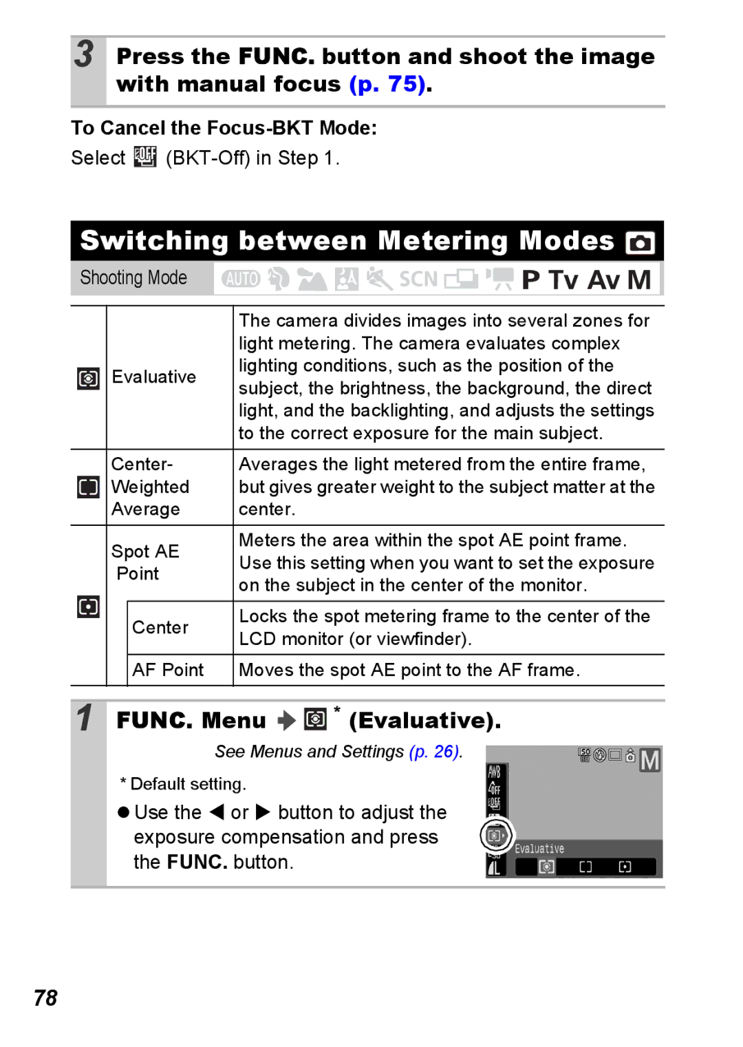 Canon S5 IS appendix Switching between Metering Modes, FUNC. Menu * Evaluative, To Cancel the Focus-BKT Mode 