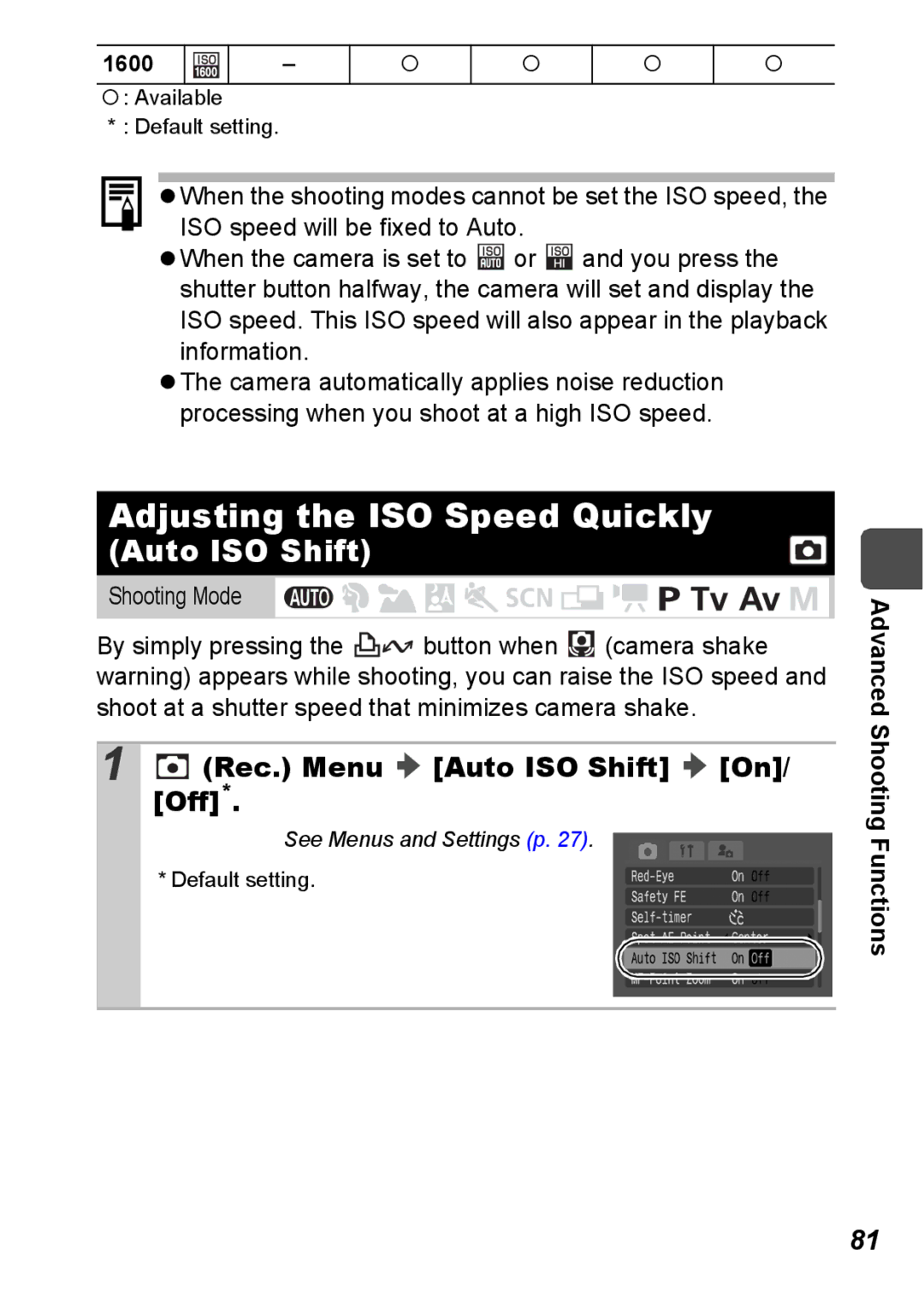 Canon S5 IS appendix Adjusting the ISO Speed Quickly, Rec. Menu Auto ISO Shift On/ Off 