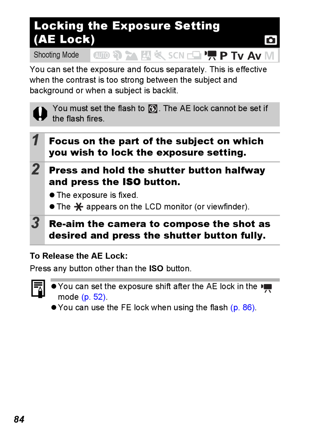 Canon S5 IS appendix Locking the Exposure Setting AE Lock, Exposure is fixed Appears on the LCD monitor or viewfinder 