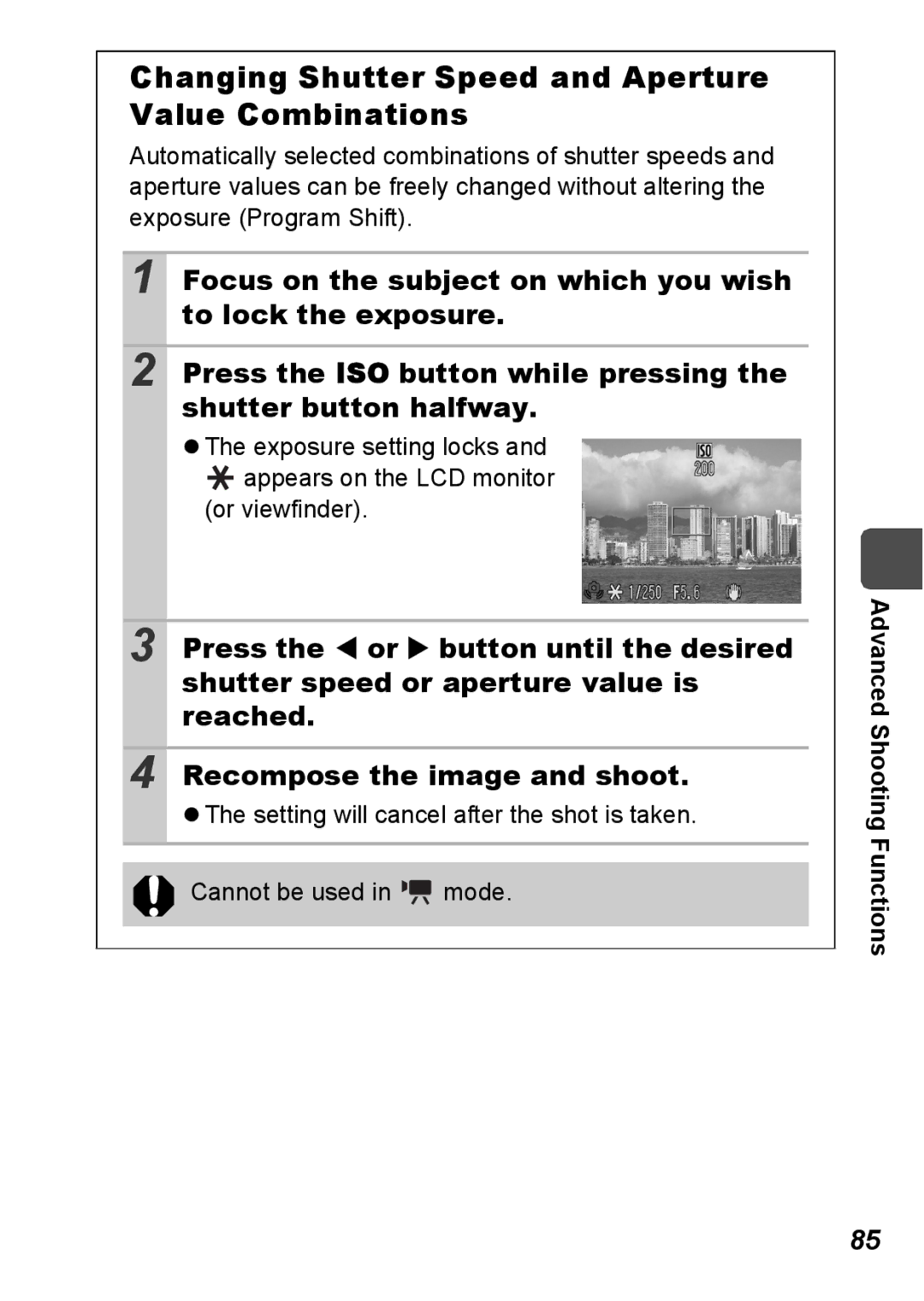 Canon S5 IS appendix Changing Shutter Speed and Aperture Value Combinations 