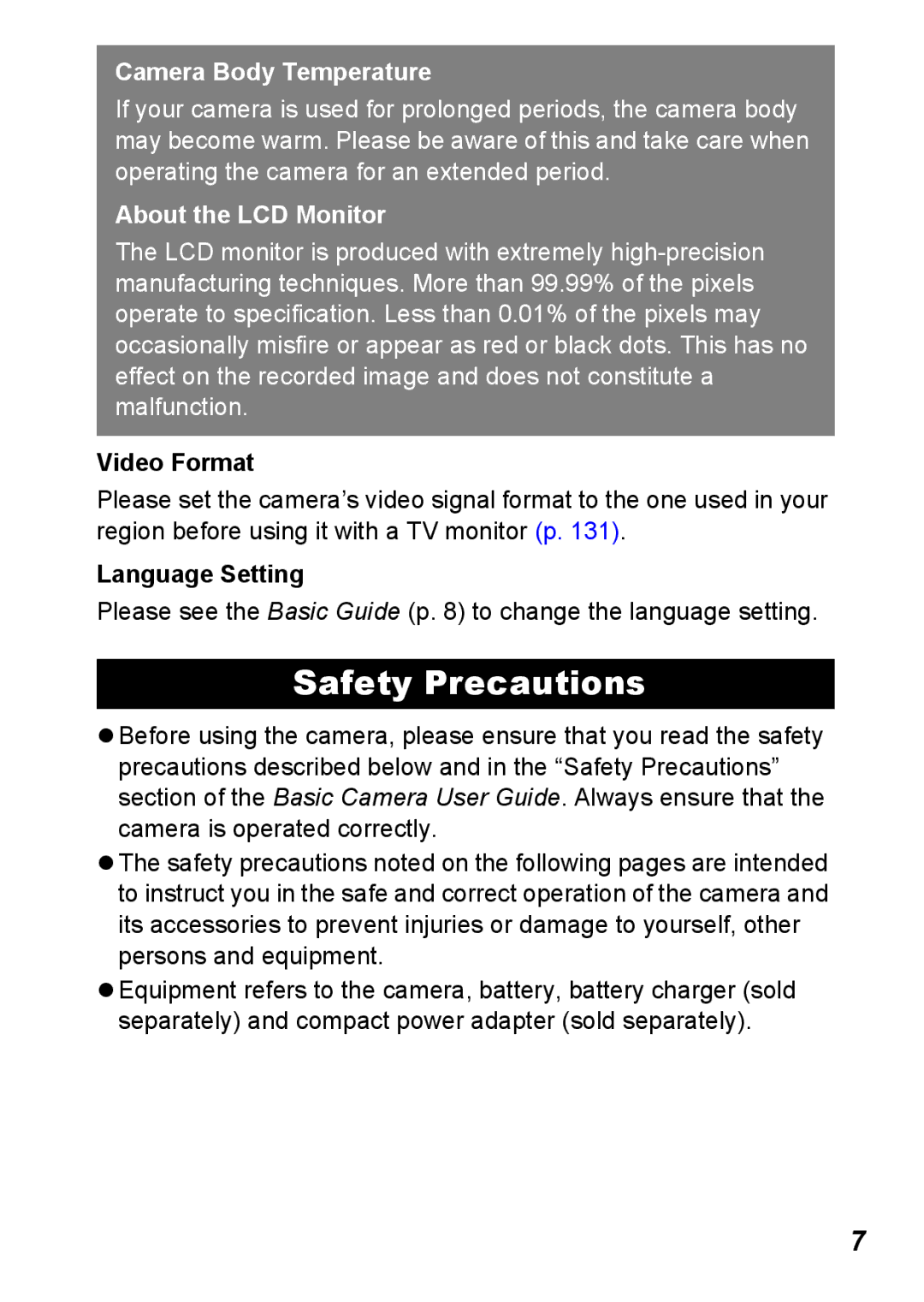 Canon S5 IS appendix Safety Precautions, Video Format, Language Setting 