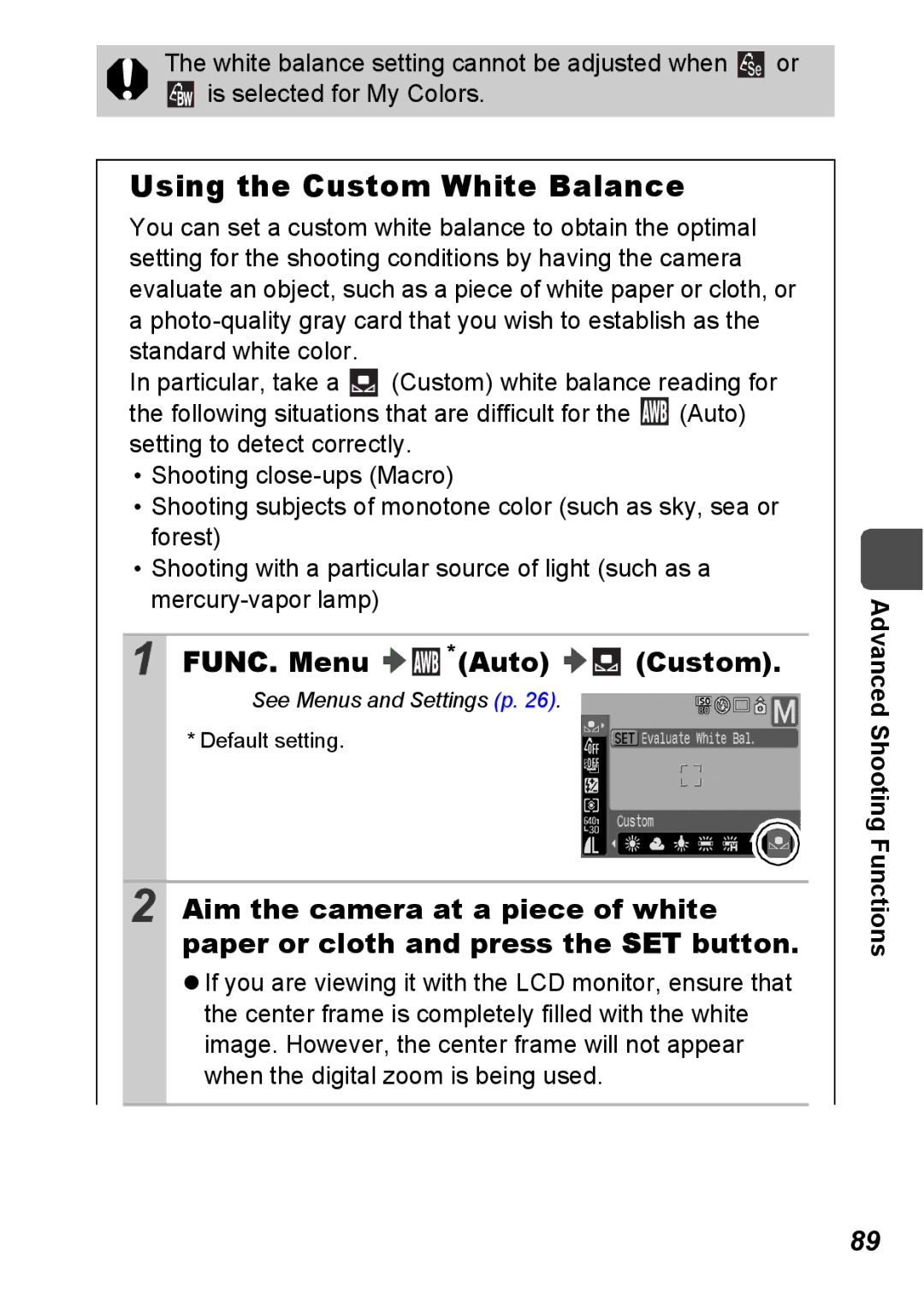 Canon S5 IS appendix Using the Custom White Balance, FUNC. Menu *Auto Custom 