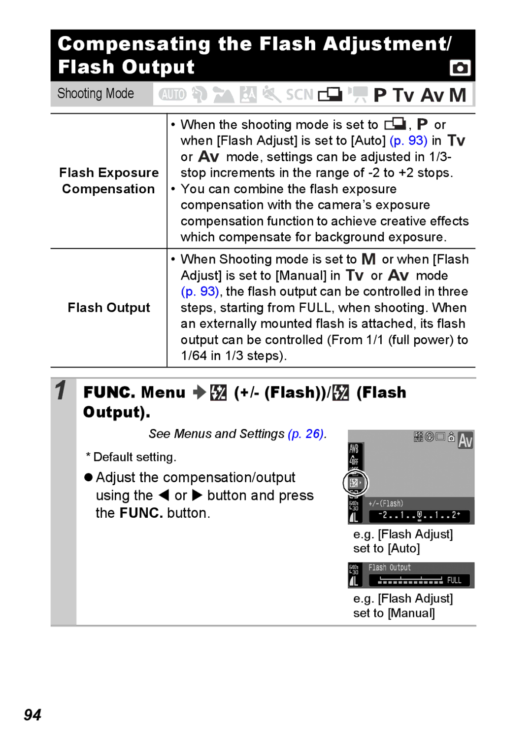 Canon S5 IS appendix Compensating the Flash Adjustment/ Flash Output, FUNC. Menu +/- Flash/ Flash Output 