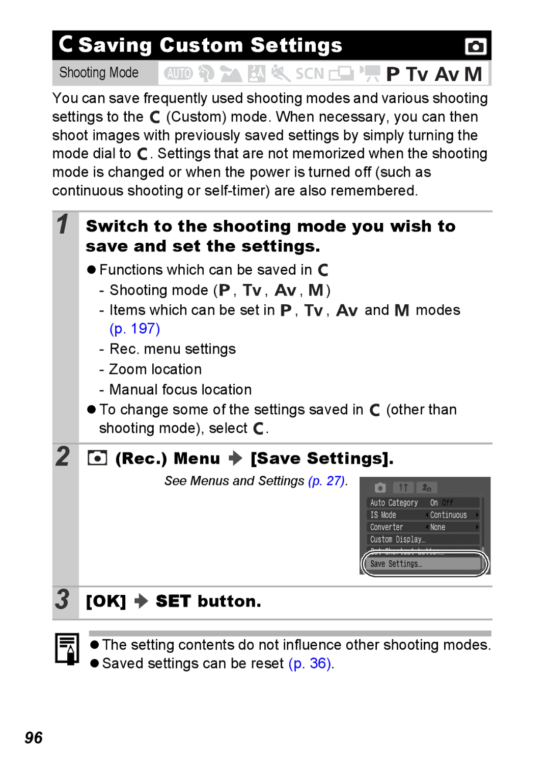 Canon S5 IS appendix Saving Custom Settings, Rec. Menu Save Settings, OK SET button 