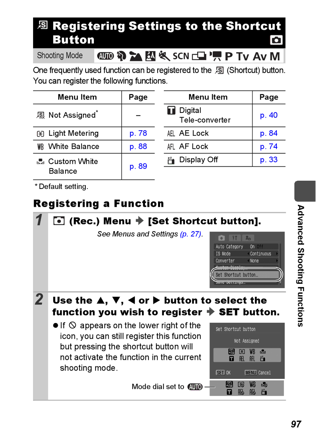 Canon S5 IS appendix Registering Settings to the Shortcut Button, Registering a Function, Rec. Menu Set Shortcut button 