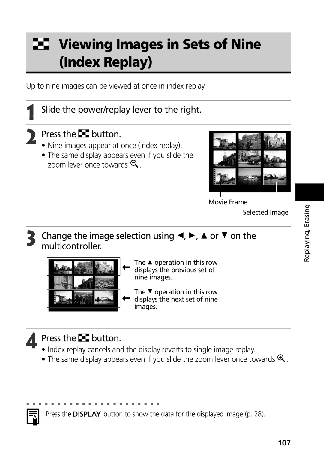 Canon S50 manual Viewing Images in Sets of Nine Index Replay, Slide the power/replay lever to the right, 107 