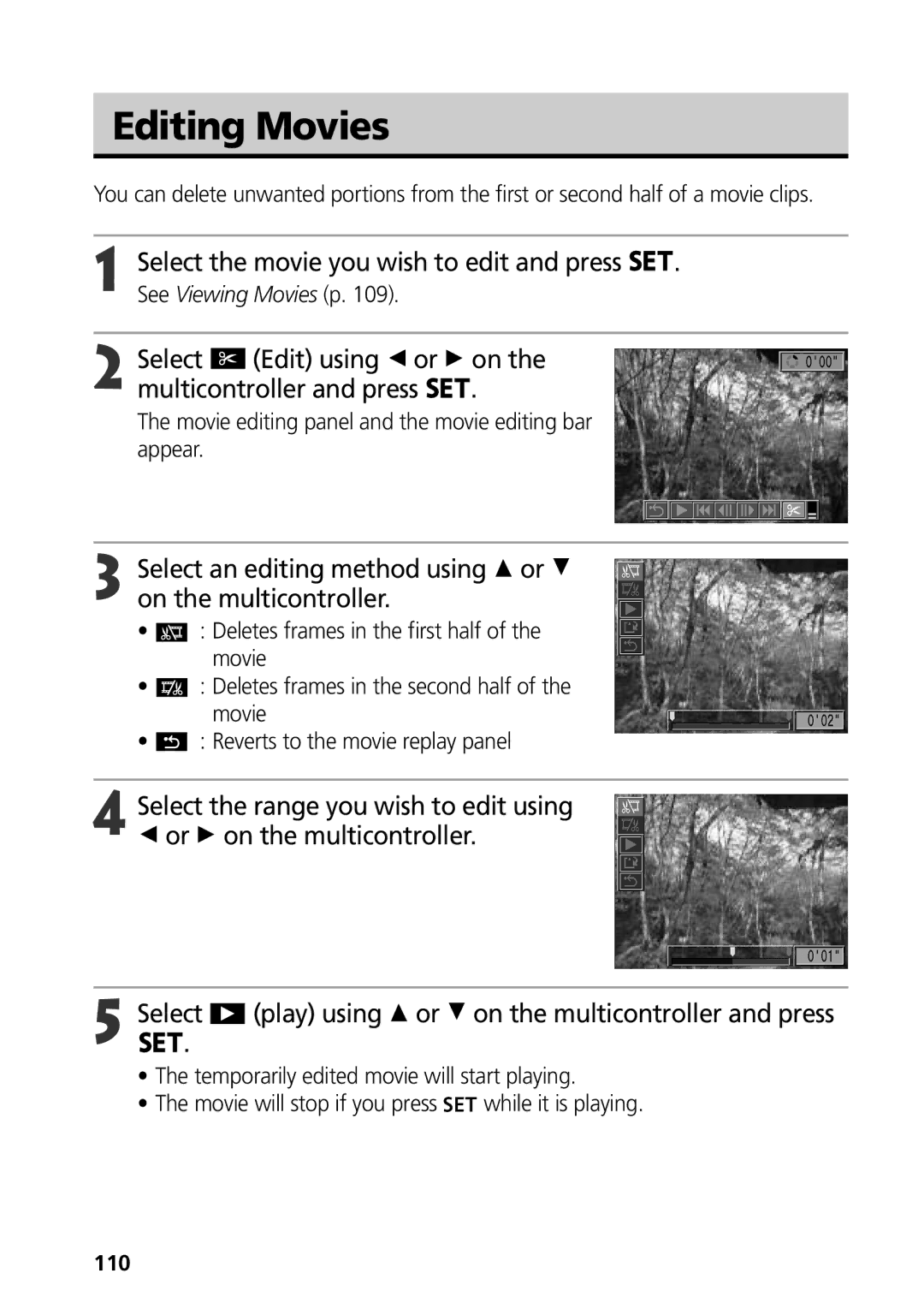 Canon S50 manual Editing Movies, Select Edit using B or a on the multicontroller and press, 110 