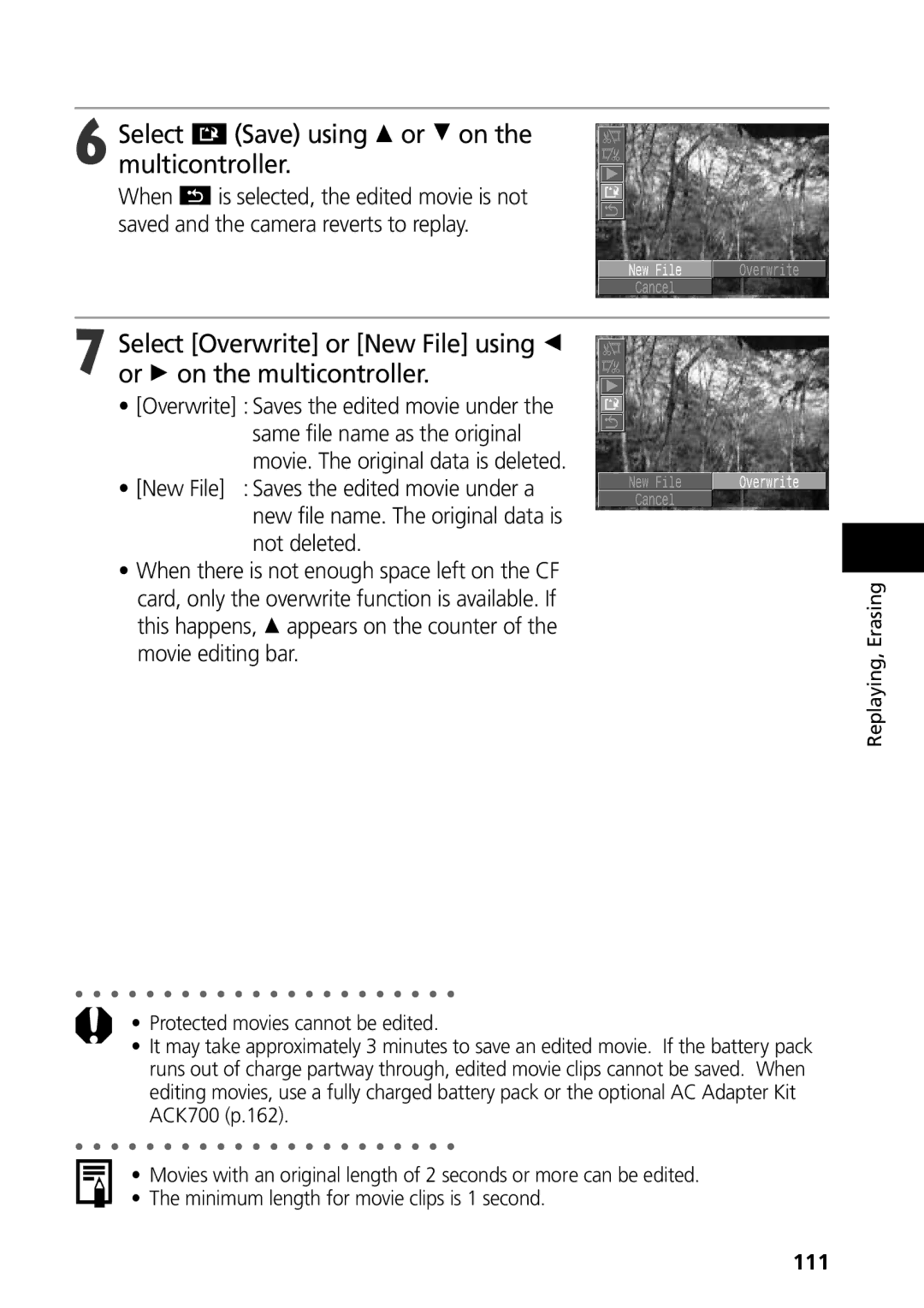 Canon S50 manual Select Save using C or D on the multicontroller, Overwrite Saves the edited movie under, 111 