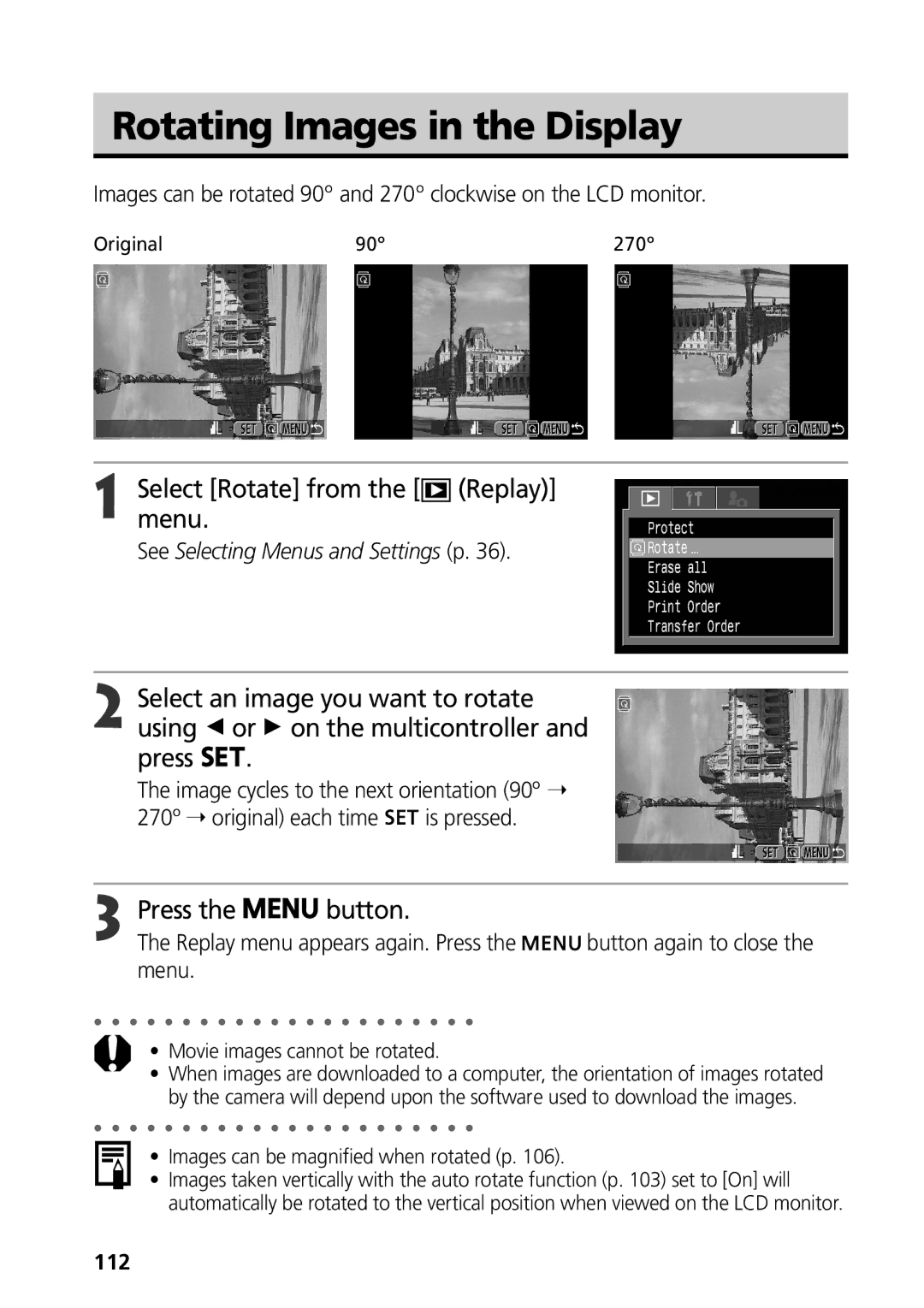 Canon S50 manual Rotating Images in the Display, Selectmenu.Rotate from the Replay, Menu, 112 