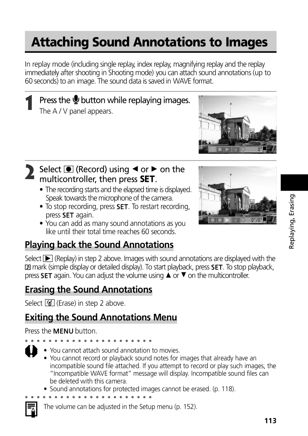 Canon S50 manual Attaching Sound Annotations to Images, Playing back the Sound Annotations, Erasing the Sound Annotations 