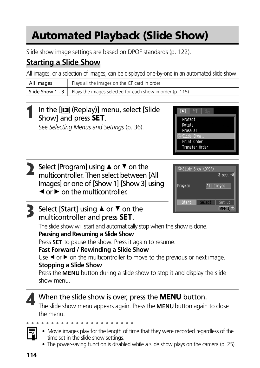 Canon S50 manual Automated Playback Slide Show, Starting a Slide Show, Replay menu, select Slide Show and press 