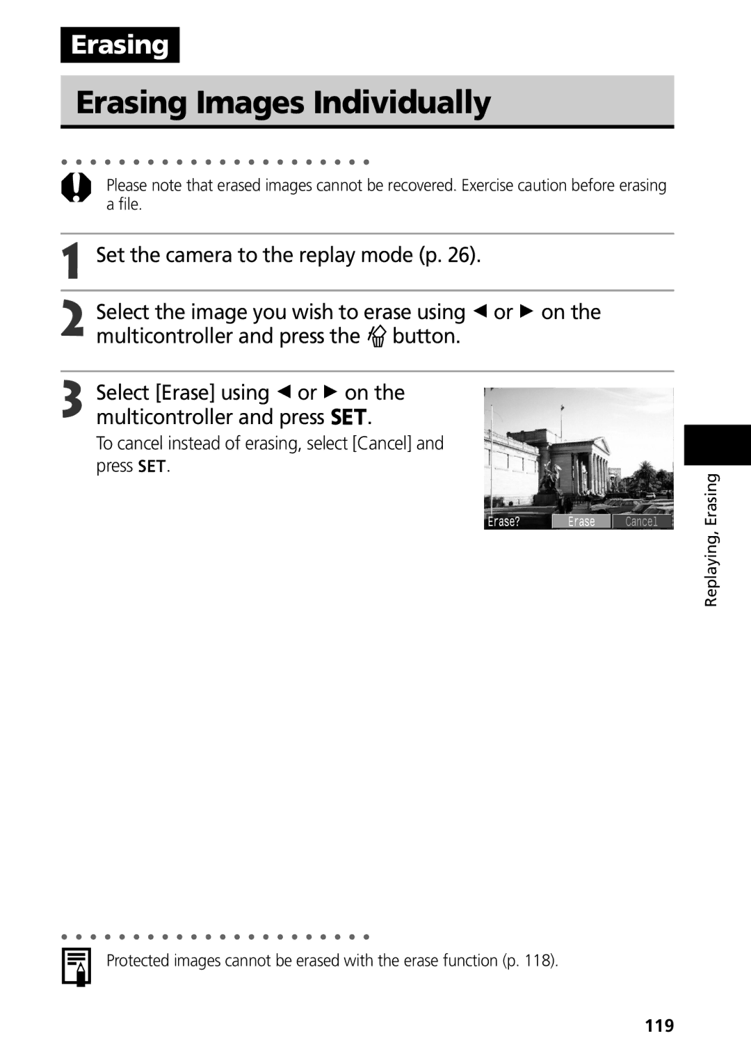 Canon S50 manual Erasing Images Individually, To cancel instead of erasing, select Cancel and press, 119 