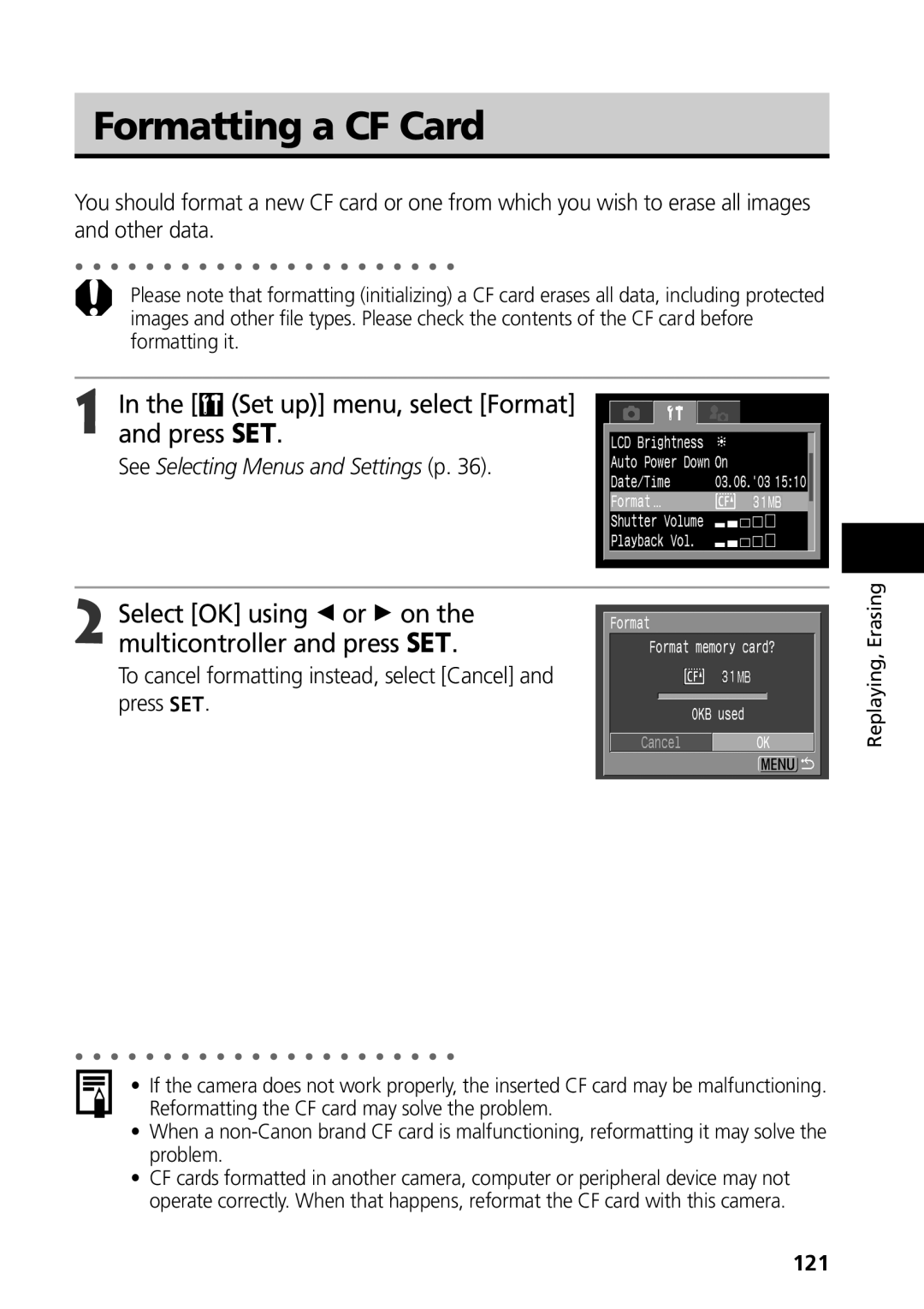 Canon S50 Formatting a CF Card, Set up menu, select Format Press, To cancel formatting instead, select Cancel and press 